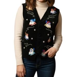Vintage Black Velvet Snowman Christmas Vest Embroidered Buttondown M/L